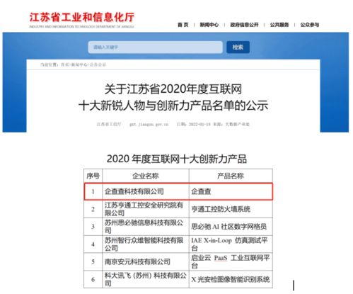 位列第一 企查查入选江苏省工信厅年度互联网十大创新力产品